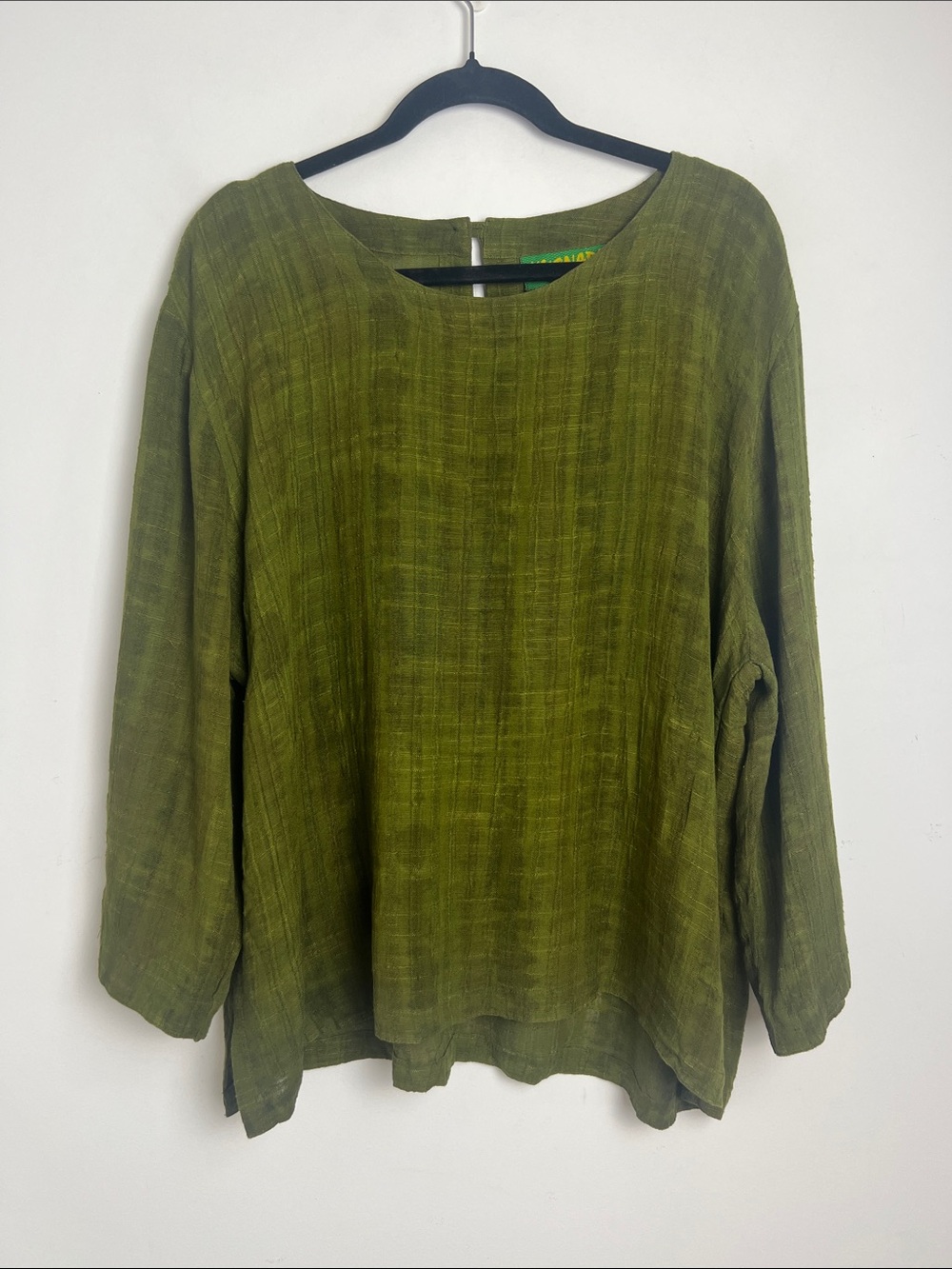 Vintage Kusnadi NY Large Olive Green Minimalist Lagenlook Boxy Fit Blouse Top